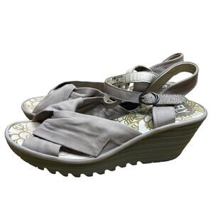 Fly London Wedge Sandals Womens 40 Beige Leather Slingback Knot Peep Toe Shoes